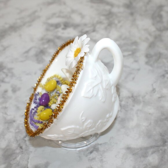 HAND CRAFTED Bunny White Cup Spring Decor Ornament Upcycled Cup Purple Easter - Picture 4 of 12